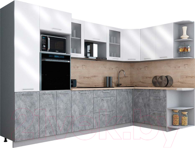 Готовая кухня Интерлиния Мила Gloss 1.68x3.2 правая (белый глянец/керамика/травертин серый)