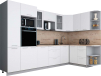 Кухонный гарнитур Интерлиния Мила Gloss 1.68x3.2 правая (белый софт/белый софт/травертин серый) - 