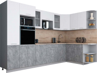 Кухонный гарнитур Интерлиния Мила Gloss 1.68x3.2 правая (белый софт/керамика/травертин серый) - 