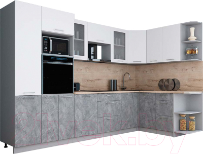 Готовая кухня Интерлиния Мила Gloss 1.68x3.2 правая (белый софт/керамика/травертин серый)