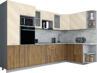 Кухонный гарнитур Интерлиния Мила Gloss 1.68x3.2 правая (ваниль глянец/дуб вотан/травертин серый) - 