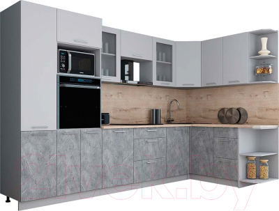 Готовая кухня Интерлиния Мила Gloss 1.68x3.2 правая (пепел софт/керамика/травертин серый)
