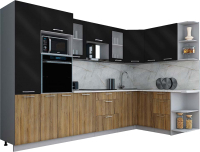 Готовая кухня Интерлиния Мила Gloss 1.68x3.2 правая (черный глянец/дуб вотан/травертин серый) - 