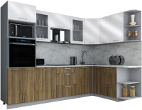 Кухонный гарнитур Интерлиния Мила Gloss 1.68x2.8 правая (белый глянец/дуб вотан/травертин серый) - 