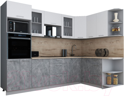 Готовая кухня Интерлиния Мила Gloss 1.68x2.8 правая (белый софт/керамика/травертин серый)
