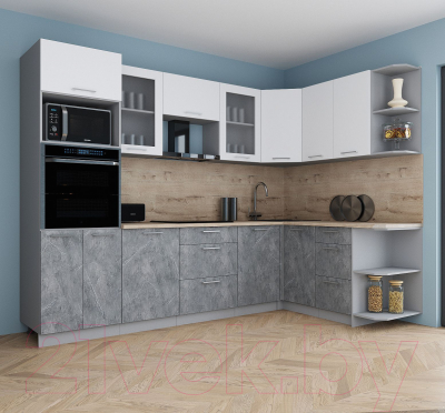 Готовая кухня Интерлиния Мила Gloss 1.68x2.8 правая (белый софт/керамика/травертин серый)