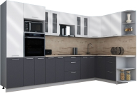 Кухонный гарнитур Интерлиния Мила Gloss 1.68x3.4 правая (белый глянец/графит софт/травертин серый) - 