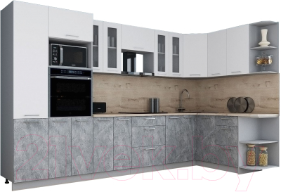 Кухонный гарнитур Интерлиния Мила Gloss 1.68x3.4 правая (белый софт/керамика/травертин серый)
