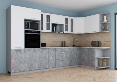 Кухонный гарнитур Интерлиния Мила Gloss 1.68x3.4 правая (белый софт/керамика/травертин серый)
