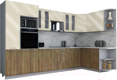 Готовая кухня Интерлиния Мила Gloss 1.68x3.4 правая (ваниль глянец/дуб вотан/травертин серый)