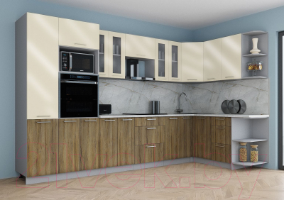 Готовая кухня Интерлиния Мила Gloss 1.68x3.4 правая (ваниль глянец/дуб вотан/травертин серый)