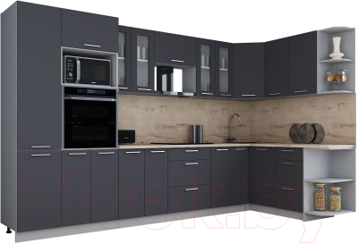 Готовая кухня Интерлиния Мила Gloss 1.68x3.4 правая (графит софт/графит софт/травертин серый)