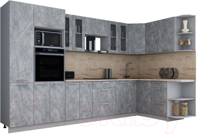 Готовая кухня Интерлиния Мила Gloss 1.68x3.4 правая (керамика/керамика/травертин серый)