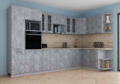 Готовая кухня Интерлиния Мила Gloss 1.68x3.4 правая (керамика/керамика/травертин серый)