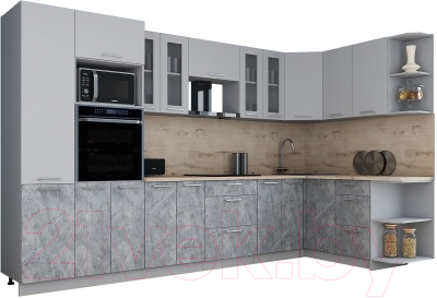Готовая кухня Интерлиния Мила Gloss 1.68x3.4 правая (пепел софт/керамика/травертин серый)