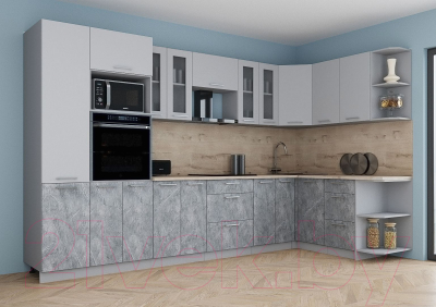 Готовая кухня Интерлиния Мила Gloss 1.68x3.4 правая (пепел софт/керамика/травертин серый)