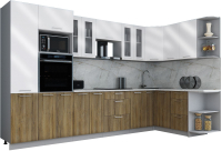 Кухонный гарнитур Интерлиния Мила Gloss 1.68x3.4 правая (белый глянец/дуб вотан/травертин серый) - 