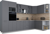Кухонный гарнитур Интерлиния Мила Gloss 1.68x3.4 правая (серый софт/серый софт/травертин серый) - 