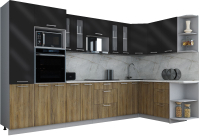 Кухонный гарнитур Интерлиния Мила Gloss 1.68x3.4 правая (черный глянец/дуб вотан/травертин серый) - 