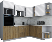 Кухонный гарнитур Интерлиния Мила Gloss 1.88x2.4 правая (белый глянец/дуб вотан/травертин серый) - 