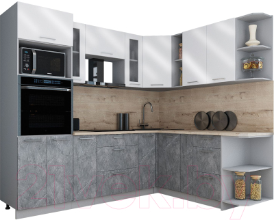 Готовая кухня Интерлиния Мила Gloss 1.88x2.4 правая (белый глянец/керамика/травертин серый)