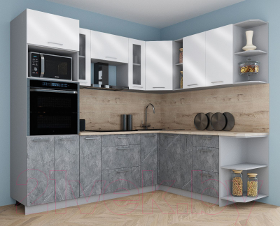 Кухонный гарнитур Интерлиния Мила Gloss 1.88x2.4 правая (белый глянец/керамика/травертин серый)