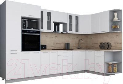 Готовая кухня Интерлиния Мила Gloss 1.68x3.4 правая (белый софт/белый софт/травертин серый)
