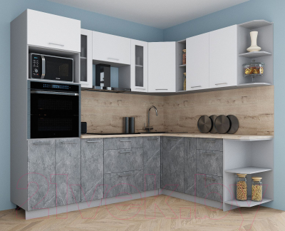 Готовая кухня Интерлиния Мила Gloss 1.88x2.4 правая (белый софт/керамика/травертин серый)