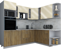 Кухонный гарнитур Интерлиния Мила Gloss 1.88x2.4 правая (ваниль глянец/дуб вотан/травертин серый) - 