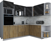 Кухонный гарнитур Интерлиния Мила Gloss 1.88x2.4 правая (черный глянец/дуб вотан/травертин серый) - 