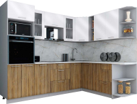 Кухонный гарнитур Интерлиния Мила Gloss 1.88x2.6 правая (белый глянец/дуб вотан/травертин серый) - 