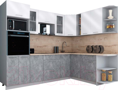 Готовая кухня Интерлиния Мила Gloss 1.88x2.6 правая (белый глянец/керамика/травертин серый)