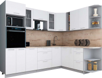 Кухонный гарнитур Интерлиния Мила Gloss 1.88x2.6 правая (белый софт/белый софт/травертин серый) - 