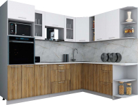 Кухонный гарнитур Интерлиния Мила Gloss 1.88x2.6 правая (белый софт/дуб вотан/травертин серый) - 