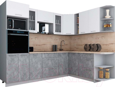 Кухонный гарнитур Интерлиния Мила Gloss 1.88x2.6 правая (белый софт/керамика/травертин серый)