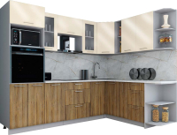 Кухонный гарнитур Интерлиния Мила Gloss 1.88x2.6 правая (ваниль глянец/дуб вотан/травертин серый) - 