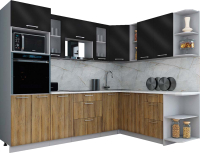 Кухонный гарнитур Интерлиния Мила Gloss 1.88x2.6 правая (черный глянец/дуб вотан/травертин серый) - 