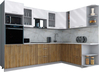 Кухонный гарнитур Интерлиния Мила Gloss 1.88x2.8 правая (белый глянец/дуб вотан/травертин серый) - 