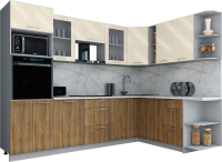 Кухонный гарнитур Интерлиния Мила Gloss 1.88x2.8 правая (ваниль глянец/дуб вотан/травертин серый) - 