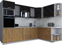 Кухонный гарнитур Интерлиния Мила Gloss 1.88x2.8 правая (черный глянец/дуб вотан/травертин серый) - 
