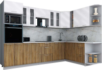 Кухонный гарнитур Интерлиния Мила Gloss 1.88x3.0 правая (белый глянец/дуб вотан/травертин серый) - 