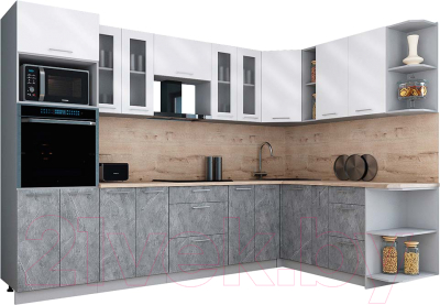 Готовая кухня Интерлиния Мила Gloss 1.88x3.0 правая (белый глянец/керамика/травертин серый)