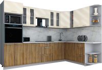 Кухонный гарнитур Интерлиния Мила Gloss 1.88x3.0 правая (ваниль глянец/дуб вотан/травертин серый) - 