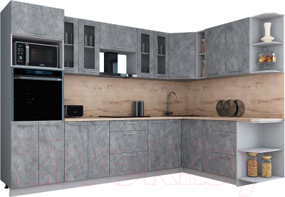 Кухонный гарнитур Интерлиния Мила Gloss 1.88x3.0 правая (керамика/керамика/травертин серый)