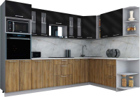 Кухонный гарнитур Интерлиния Мила Gloss 1.88x3.0 правая (черный глянец/дуб вотан/травертин серый) - 