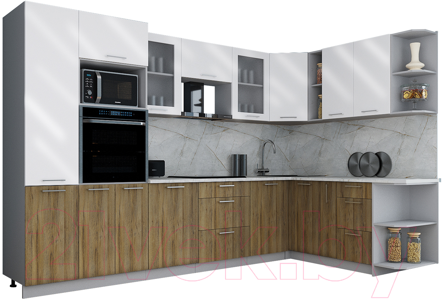 Кухонный гарнитур Interline Мила Gloss 1.88x3.2 правая (белый глянец/дуб вотан/травертин серый)