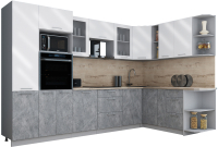 Кухонный гарнитур Интерлиния Мила Gloss 1.88x3.2 правая (белый глянец/керамика/травертин серый) - 