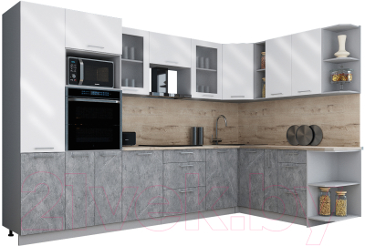Готовая кухня Интерлиния Мила Gloss 1.88x3.2 правая (белый глянец/керамика/травертин серый)