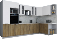 Кухонный гарнитур Интерлиния Мила Gloss 1.68x3.4 правая (белый софт/дуб вотан/травертин серый) - 