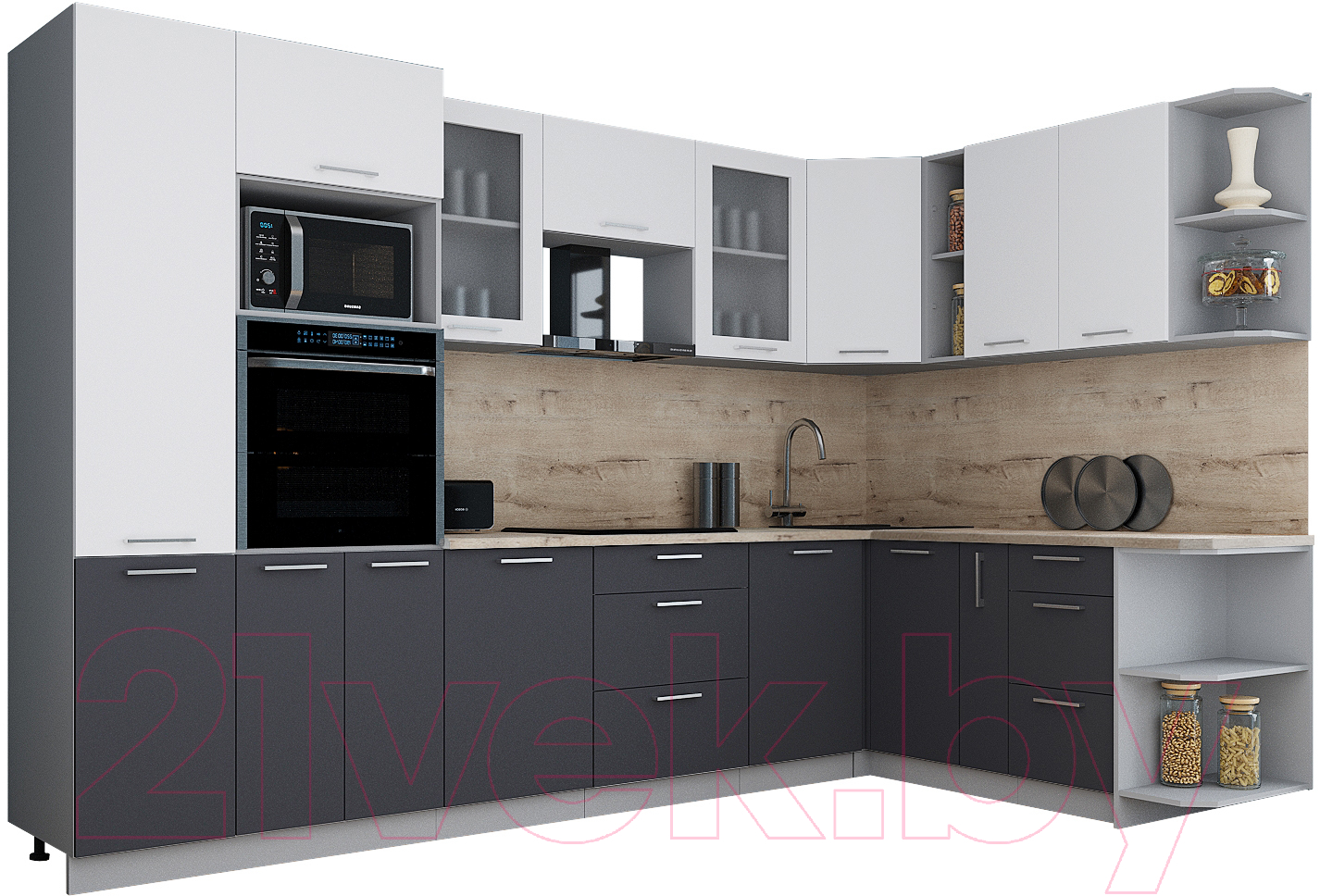 Кухонный гарнитур Interline Мила Gloss 1.88x3.2 правая (белый/пепел/травертин серый)